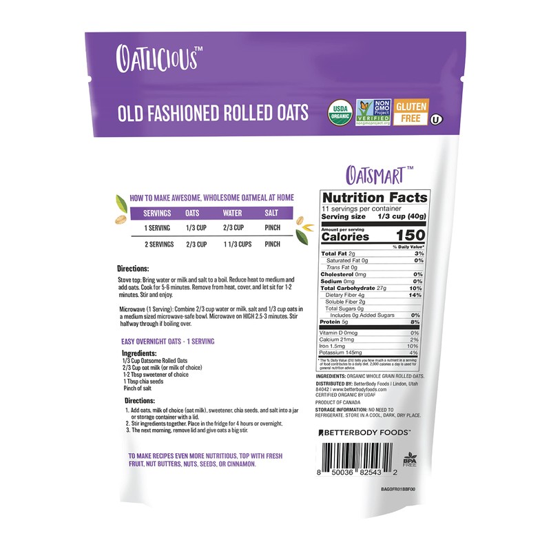 Oatsome Organic Rolled Oats, 1lb Bag – Gluten-Free, Whole Grain