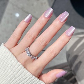 Purple Press on Nails Short Square Cat Eye Fake Nails Glossy Shiny Acrylic Nails Glitter Glue on Nails Gel Nails Press ons Full Cover Reusable Stick on Nails for Women Girls Manicure 30 Pcs