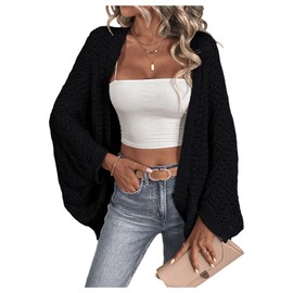 SHENHE Women's Open Front Loose Hollow Out Casual Dolman Sleeve Asymmetrical Cardigan Black X-Large