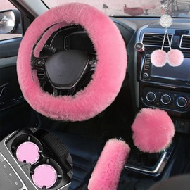 ZXGHIJJ Fluffy Car Accessories Set,Fur Cute Fluffy Steering Wheel Cover Set for Women & Furry Handbrake Cover & Gear Shift Cover & Car Rearview Mirror Pendant & 2 Pieces Bling Car Coaster (Pink)