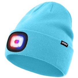 ATNKE LED Lighted Beanie Hat,USB Rechargeable 4 LED Red and Blue Flashing Running Headlamp Cap Gifts for Men and Women/#Light Blue
