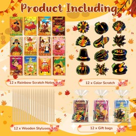 Skrajoi 12 Pack Thanksgiving Scratch Art Party Favors for Kids - Rainbow Scratch Paper with Thanksgiving Party Scratch Off Cards Easter Birthday Goodie Bags Stuffers - Return Gifts DIY Classroom Prize