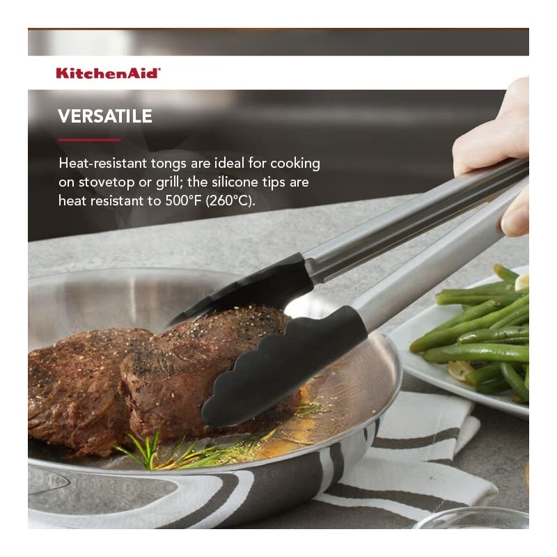 KitchenAid Silicone Tipped Stainless Steel Tongs, 12 Inch, Black