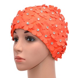 Medifier Manual Rhinestone Floral Petal Retro Style Swimming Cap Swimming Caps for Women Orange