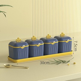 Jaugufiy Condiment Jar Spice Container Set of 4 with Lids & Spoons Seasoning Rack Spice Pots Seasoning Box Condiment Jar with Cover and Spoon (Blue)