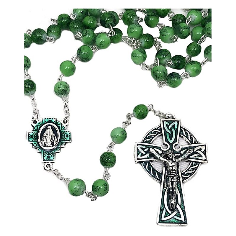 CB Catholic St Patrick Green Glass Marble Bead Rosary Gift