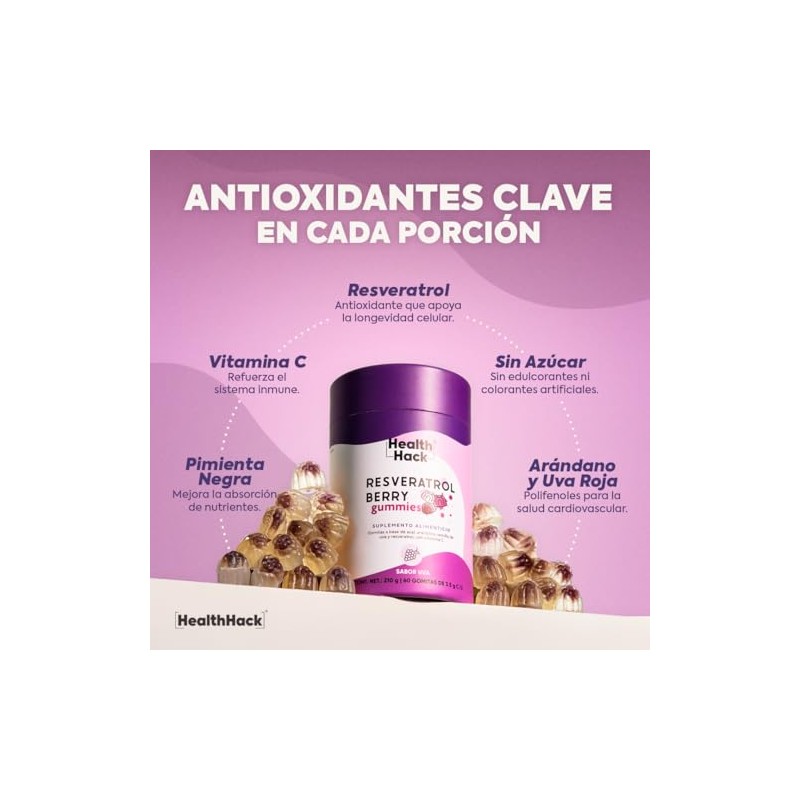 Resveratrol Antioxidante 60 Gomitas para Adulto Sin Azúcar Health Hack