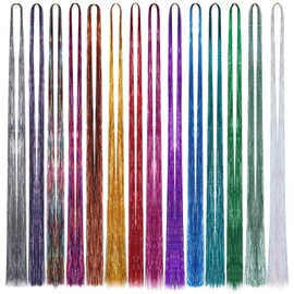 Huiguli Hair Tinsel Glitter Hair Strands Tinsel Hair 2100 Hair Strands Tinsel Hair Extensions 93 cm Glitter Hair Strands for Braiding 14 Pieces Fairy Hair Tinsel for Girls Colourful Hairpiece (without