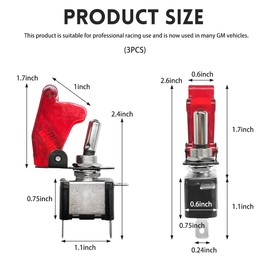 FSTURIOS 3PCS Rocker Toggle Switch, 12V 20A LED Light Toggle Switch with Waterproof Safety Cover, ASW-07D Heavy Duty SPST 3 Pin Rocker ON/Off Control for Racing Cars Trucks Boats (Red)