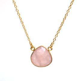 Gempires Pink Rose Quartz Teardrop Crystal Necklace for Women Dainty Bezel Pendant Jewelry- 18 Inch Non Tarnish Hypoallergenic Gold Plated Adjustable Chain