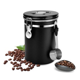 DIYJEP 1800ML Airtight Coffee Canister Set with Coffee Dosing Cup, Stainless Steel Coffe Beans Storage Jars with 30ML Measure Spoon, Date Tracker, and Co2-Release Valve for Tea Sugar (Black)