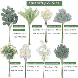 VIERENA Artificial Greenery Stems Box Set(Pack of 65pcs) with 8 Kinds of Faux Plants and Fake Flowers for DIY Wedding Bouquet Table Centerpieces and Floral Arrangement (Beige&Dusty Green)