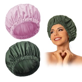 Edoneery Reusable Shower Cap for Women, Large Waterproof Shower Essentials Bonnet Washable Elastic Band Bath Hair Wrap Hat for Long Hair, Braids(Green&Purple)
