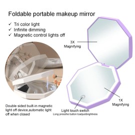 CICIWI Travel Mirror with Light,Rechargeable 1x/3x Compact Magnifying Mirror, Handheld LED Makeup Mirror,3 Light Settings,Dimmable Pocket Mirror,Portable for Handbag,Pocket,Purse (Purple)