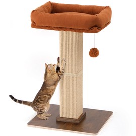 FUKUMARU Cat Scratching Post, Retro-Style Tall Scratch Posts with Perch for Infoor Cats Adults, Large Cat Scratcher Tower with Bed, Natural Sisal & Solid Wood