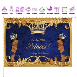 NeoBack 7x5ft Little Princes Black Baby Shower Backdrop Twin Boys Baby Shower Party Banner Decoration Backdrops Royal Blue Gold Crown Photography Background Shower Banner N0001B