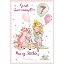 Great-Granddaughter Age 7 - Large 7th Glittered Birthday Card
