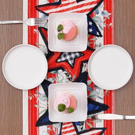 Quera Independence Day Table Runner Stars Stripes 4th of July Patriotic Memorial Holiday Kitchen Dining Table Decoration,Burlap Table Cover, 13 x 70 Inch
