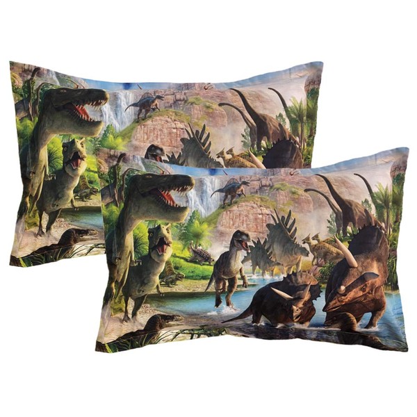 ADASMILE A & S 2 Pieces Kids Pillow Cases Dinosaur World Print Standard Size Envelope Pillowcases Soft Dinosaur Pillow Shams Home Decorative 20"X30"