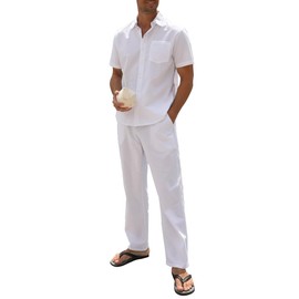 SIENDIU Men's Linen sets 2 Piece Outfits Beach Wedding Clothes Casual Button Down Shirts Yoga Pants Summer Matching Suit
