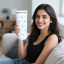 WWHSAI Blue Bow Gifts For Women Girls, Birthday Christmas Cute Bow Gift For Bows Lovers, Blue Bows Stainless Steel Tumbler Keeps Drinks Cold & Hot, Double Wall Vacuum Insulated Coffee Cup 24oz