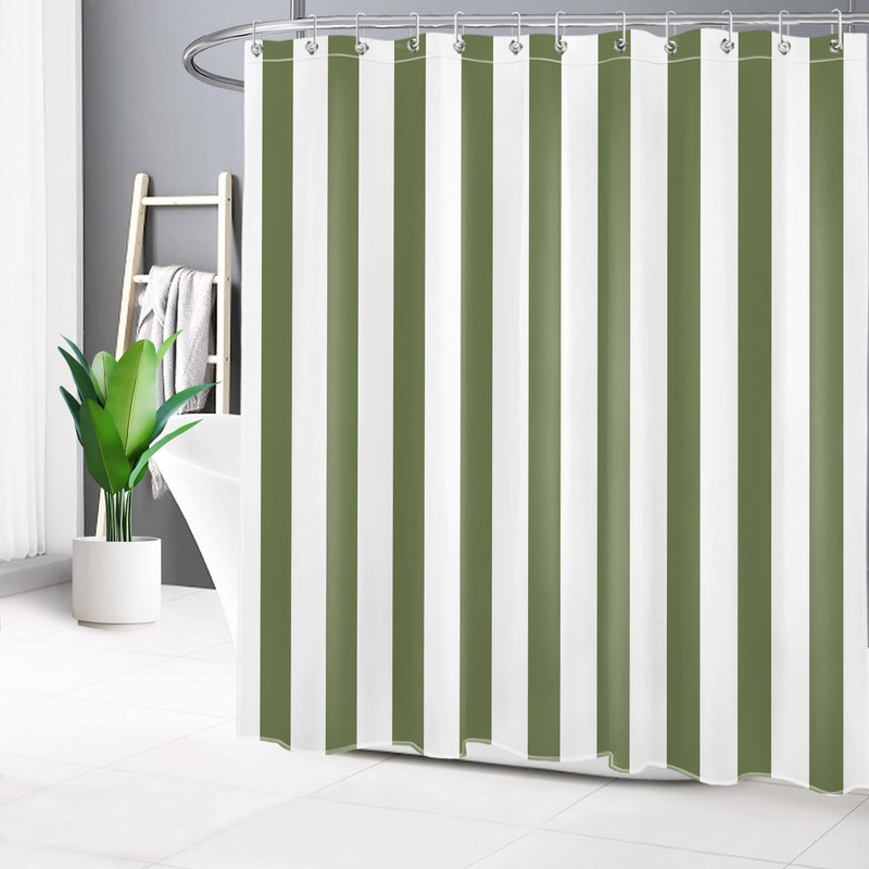 LB Sage Green and White Striped Fabric Shower Curtain for