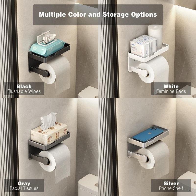 VOLDRA Toilet Paper Holder with Phone Shelf, Self-Adhesive or Screw-in