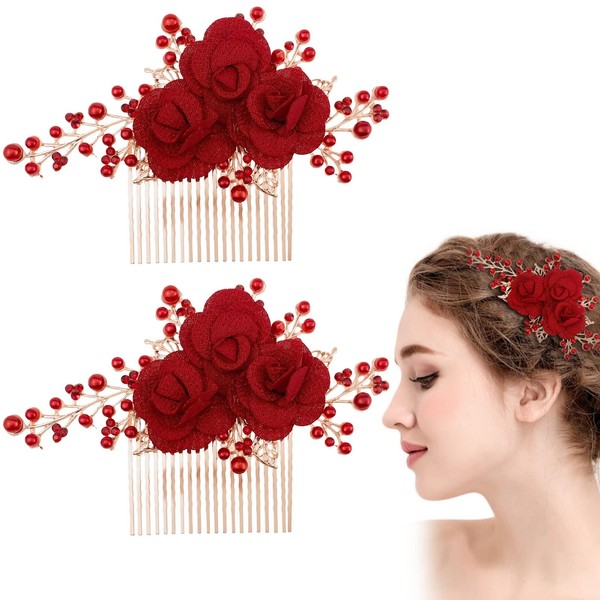 2 Pcs Red Flower Hair Comb Gold Rose Bridal Side Combs Floral Rhinestone Pearl Combs Vintage Decorative Crystal Emerald Headpiece Wedding Sparkly Hair Accessory for Women