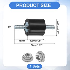 sourcing map 4Pcs M5 x 15mm Rubber Mounts, 19 x 19mm Cylindrical Anti Vibration Isolator Studs Shock Absorber Double Studs with Nuts for Car Bobbin Generator Air Compressors