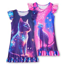 LQSZ Girls Nightgowns Dream Kitty Nightie Sleepwear Pajamas Flutter Short Sleeves Nightgowns for Little Girls Size 6 7