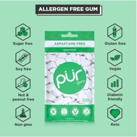 PUR Xylitol Chewing Gum SPEARMINT (55 Pieces, 4 Pack) Sugarless Vegan Pure