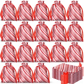 Windyun 100 Pcs Christmas Satin Gift Bag with Drawstring Candy Cane Bags Christmas Mini Glitter Stripes Treat Bags Reusable Wrapping Sacks for Christmas Party Favors(White and Red, 4 x 6 Inch)