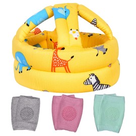 TORASO Baby Helmet & Baby Knee Pads for Crawling,Infant Helmet & Walking Baby Helmet，for Age 6-36 Months, Yellow Zoo(A).CA