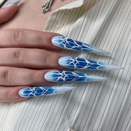 SINHOT Stiletto Press on Nails Long Fake Nails Glossy Glue on Nails Blue Ombre Acrylic Nails Almond Artificial Nails White Swirl Stick on False Nails with Design 24 pcs