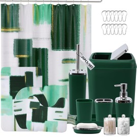 XLHOMO Bathroom Set - Dark Green Bathroom Accessories Set, Bathroom Sets with Shower Curtain and Rugs, Green Shower Curtain Set with Bathroom Trash Can, Soap Dispenser, Soap Dish for Home Decor