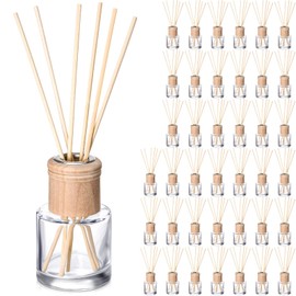 Roshtia 40 Set Reed Diffuser Bottle Empty Refillable Fragrance Glass Diffuser Bottles Set with Wooden Caps Rattan Sticks 50ml 1.7 oz Round Glass Jars for DIY Fragrance