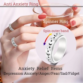 AmorArtSky Spinner Ring for Anxiety Relief Fidget: Anxiety Ring for Women Men, Titanium Stainless Steel Spinner Ring, 5 Colors, 6MM, Size 8, Moon Star Fidget Ring-Silver