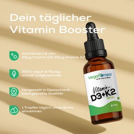 Vegan Drops - Vitamin D3 & K2 Drops - 25mcg Vitamin D (1000 IU) & 20mcg Vitamin K2 per Daily Dose - 1700 Drops, 50 ml per Bottle - Vegan, Alcohol Free & in Germany