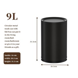 YOJIA 2.3/9L Gallon Metal Trash Can with Lid,Black,Light Luxury,Elegant Garbage Can,Bathroom Waste Basket,for Living Room,Home,Bedroom,Office,Bank,Under Desk(9L-Black)