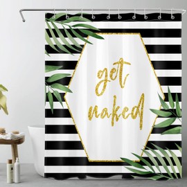 AUEEA Get Naked Striped Shower Curtain for Bathroom Gold Lettering Funny Quote and Green Leaf Plant Bathroom Shower Curtains with Hooks, Black and White Bathroom Curtains Shower Set 60x72 inch