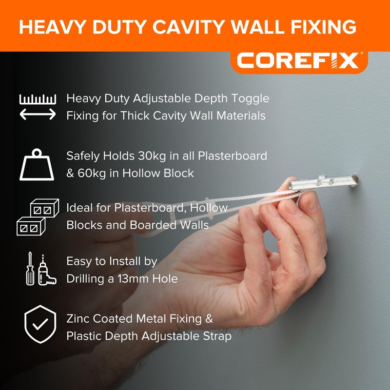 Corefix Strap Cavity Wall Fixing 8 Pack (M5x40mm), Heavy Duty