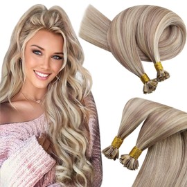 Sunny Hair Flat Tip Hair Extensions Real Human Hair Ash Blonde Mix Bleach Blonde Flat Tip Keratin Hair Extensions for Women Natural Hair Pre Bonded Hair Extensions Add Length 50s 50g 20inch