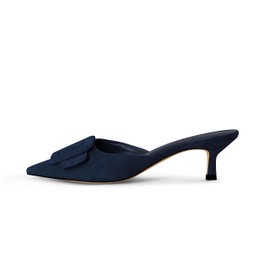 Fericzot Zapatillas de Mule para mujer, con hebilla, puntera puntiaguda, zapatos de tacón de gatito, sandalias de vestir sin espalda, Azul oscuro, 9.5 US