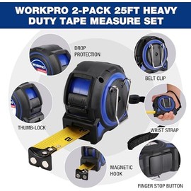 WORKPRO Cinta métrica resistente, 2 unidades de cinta métrica retráctil de 25 pies