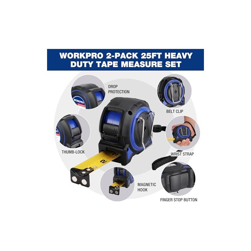 WORKPRO Cinta métrica resistente, 2 unidades de cinta métrica retráctil