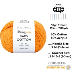 HobbyMia Baby Cotton Yarn for Crocheting - 50g / 180yds - (2) Fine, Sport Weight Yarn - Amigurumi Yarn for Crochet Thread - 60% Cotton & 40% Acrylic & 10 Stitch Makers (Apricot, 4 Balls)