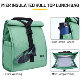 MIER Insulated Lunch Bag Roll Top Lunchbox for Women Men Adults Foldable Rolltop Lunch Tote with Shoulder Strap for Work Office Picnic, Water Bottle Holder, Green