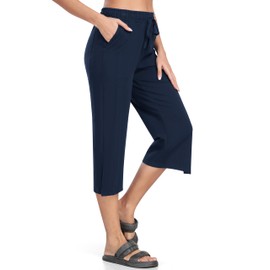 MoFiz Women's Capri Yoga Pants Loose Drawstring Workout Sweatpants Wide Leg High Waist Hiking Pants with Pockets Athletic Causal SummerNavy Blue 2XL