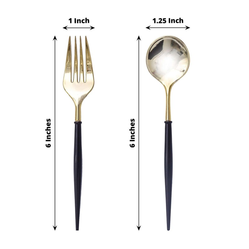 TABLECLOTHSFACTORY 24 Pack | 6" Gold/Black Premium Plastic Fork/Spoon Utensil