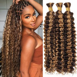 Human Braiding Hair for Boho Braids 150g 24 Inch Ombre Highlight Curly Boho Hair for Braiding Knotless 12A Deep Wave Bulk Bohemian 3 Bundles/Pack Color P4/27